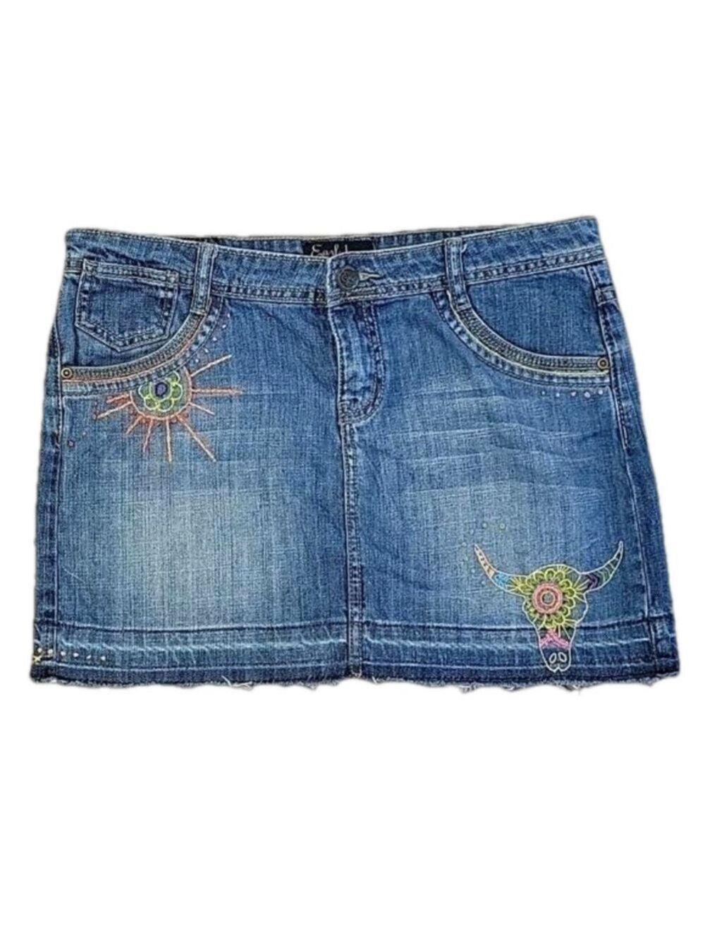 Hand Embroidered Earl Jean Denim Mini Skirt Size 9 Juniors EUC